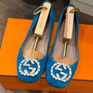 Gucci Teal Suede Crystal Logo Flats